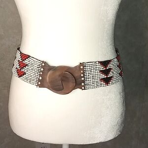 Unique Seed Bead Beaded Belt with wooded buckle, multi colors, orange,blk, white